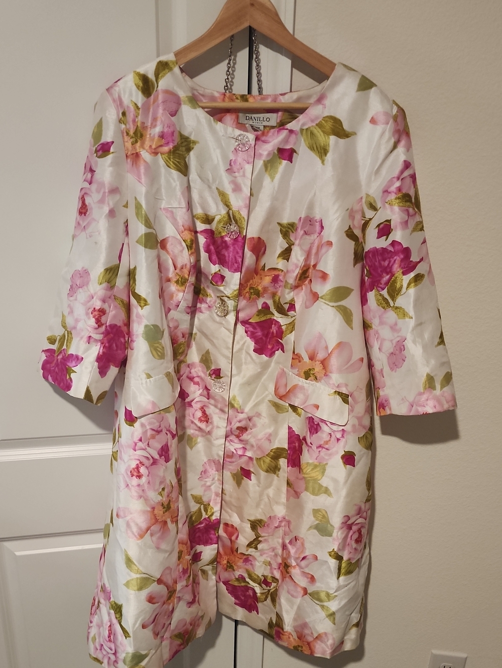 Danillo White Floral Long Robe with Pink & Green Bouquet Print
